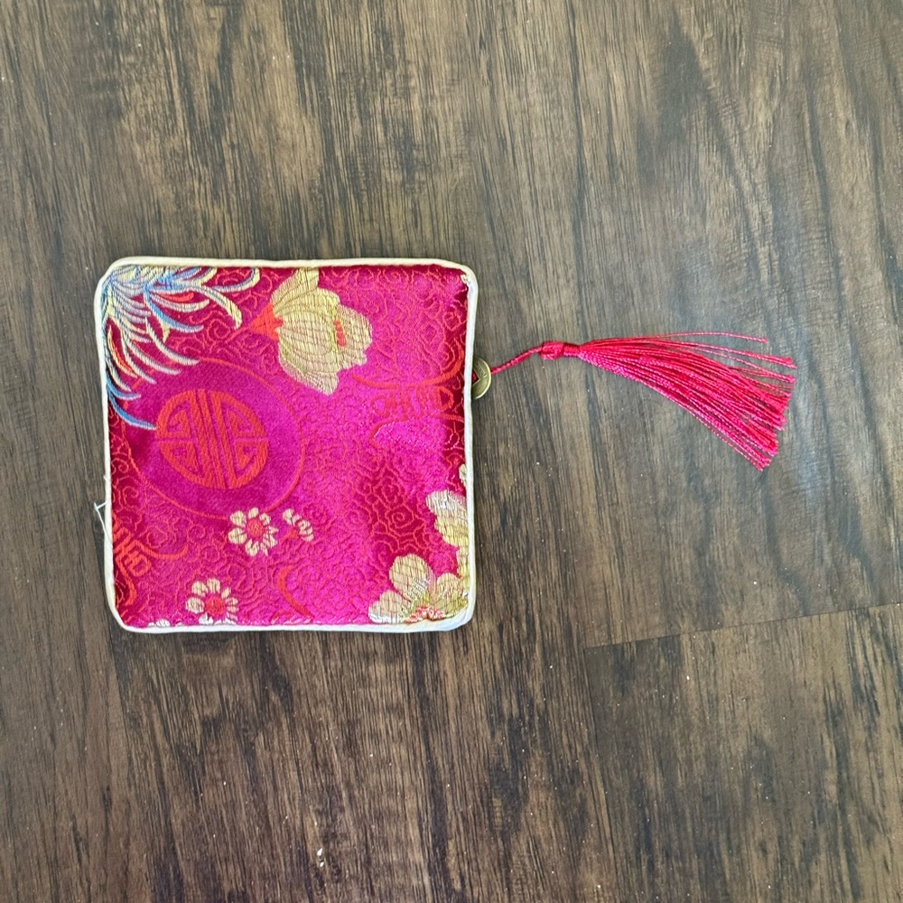 Brocade Red and Gold embroidered jewelry Pouch with Tassel